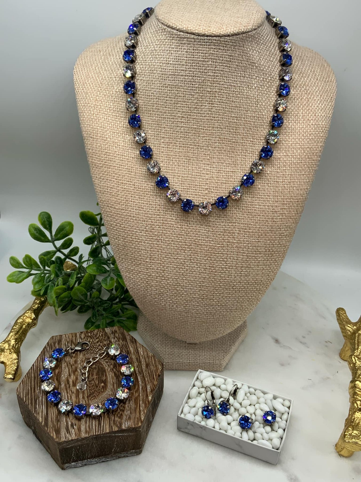 VICTORY FUNDRAISER - 8mm Full Blue and Crystal Necklace and Matching pieces