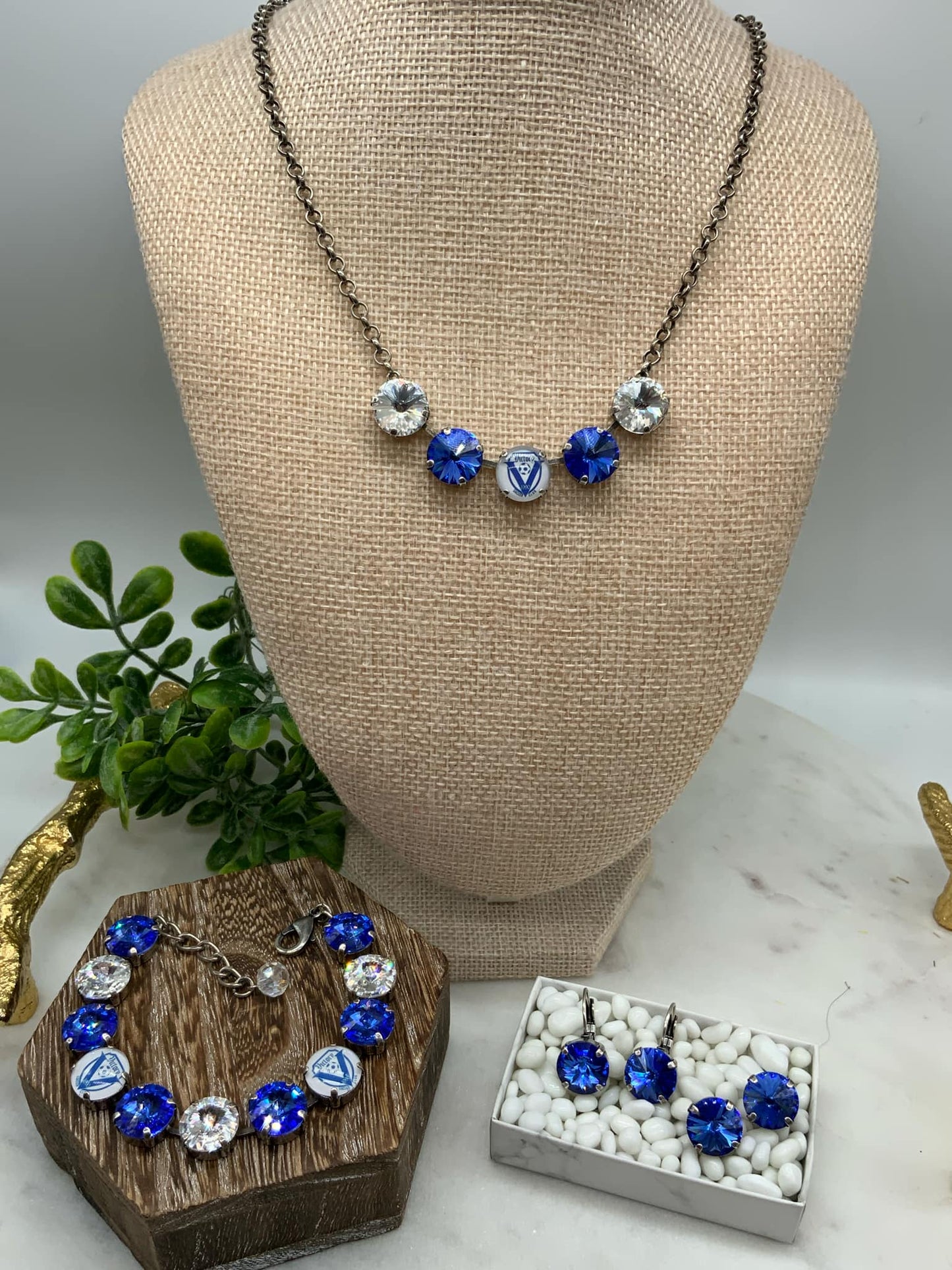 VICTORY FUNDRAISER - 12mm 5 Stone Blue and Crystal Necklace with VICTORY Custom Bead and Matching pieces