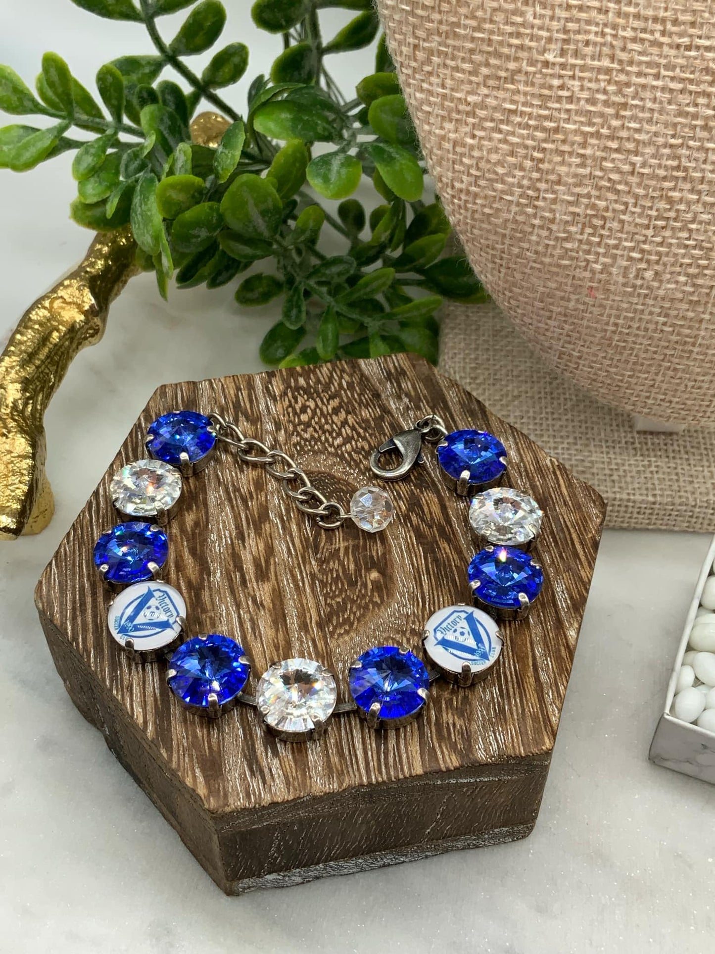 12mm 5 Stone Blue and Crystal Necklace with VICTORY Custom Bead and Matching Bracelet / Earrings