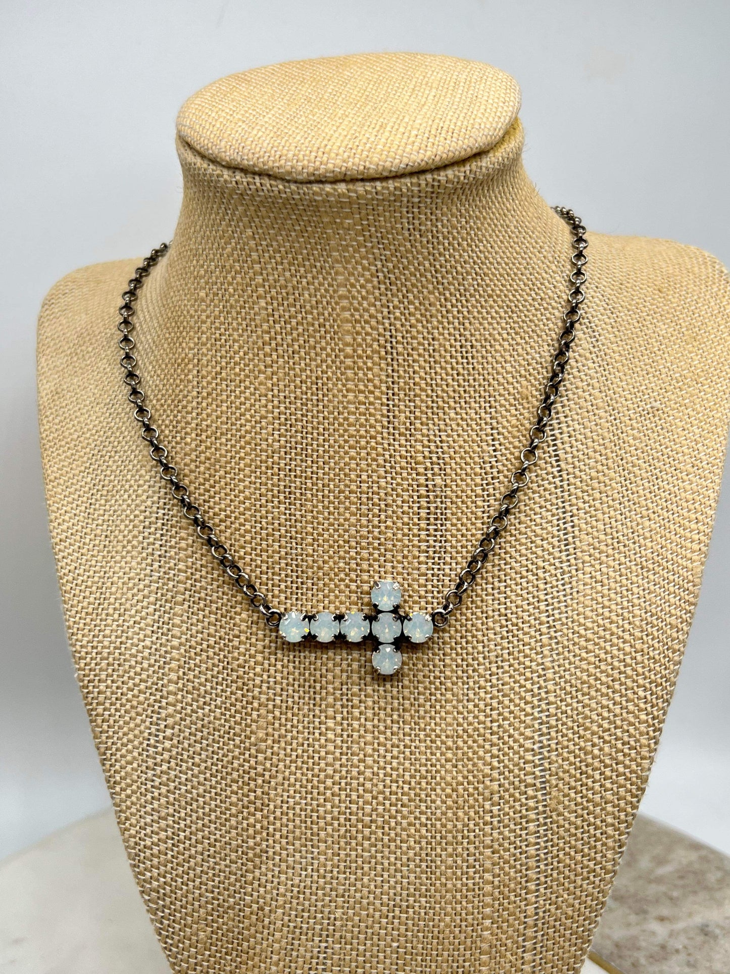 White Opal Crystal Side Cross Necklace