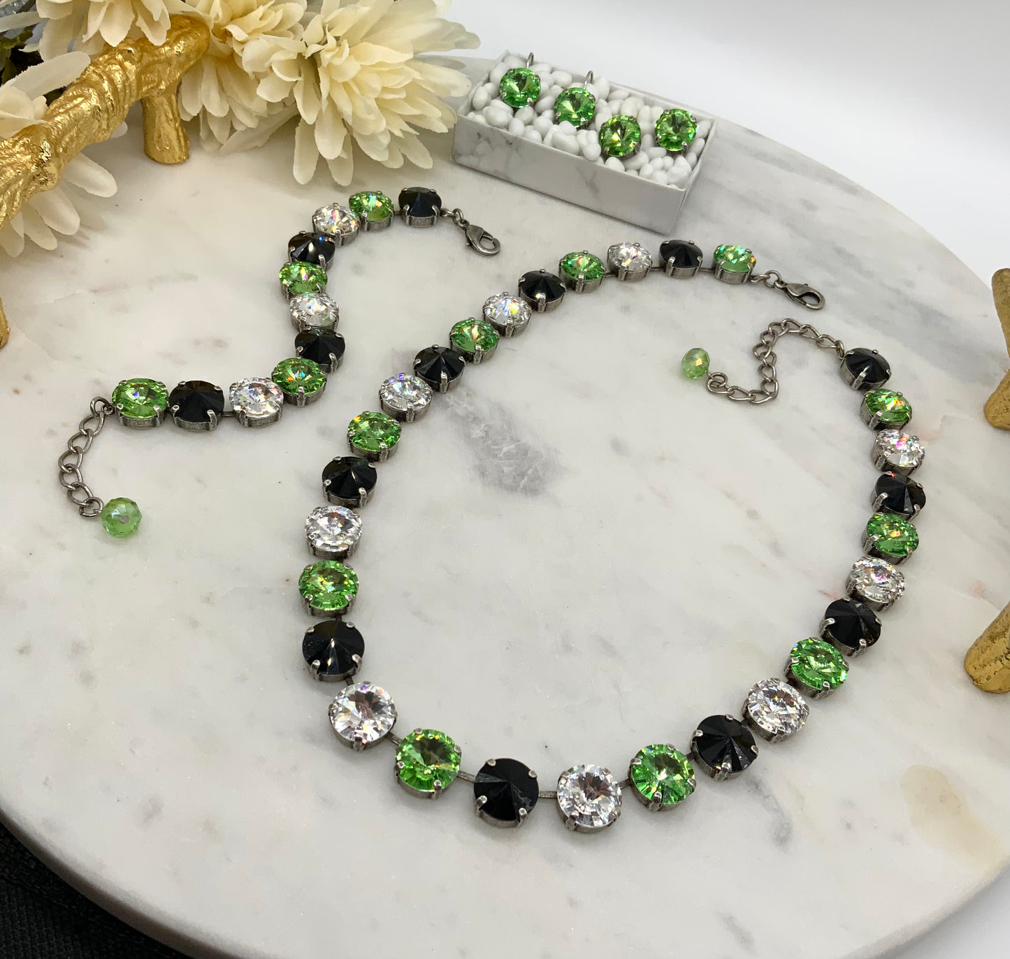 12mm Green, Black, and Crystal Full Necklace and Matching pieces
