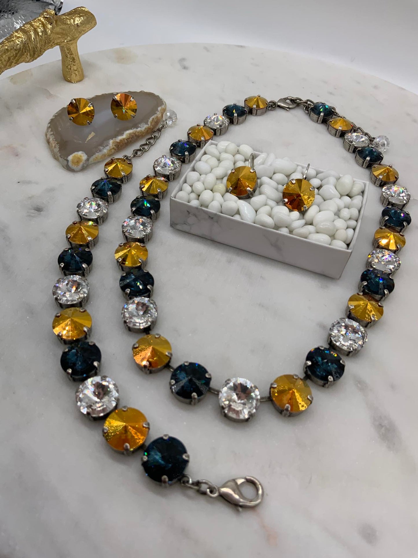 12mm Montana Blue, Metallic Gold , and Crystal Set