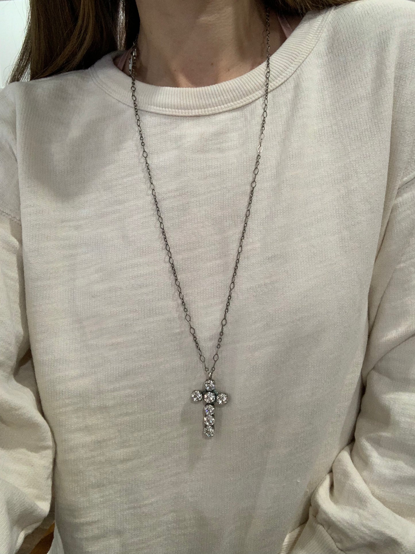 Long Crystal Cross with Turquoise Halo Necklace