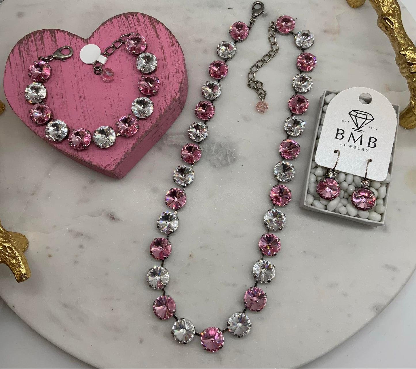 12mm Pink and Crystal Bracelet and Matching Necklace / Earrings