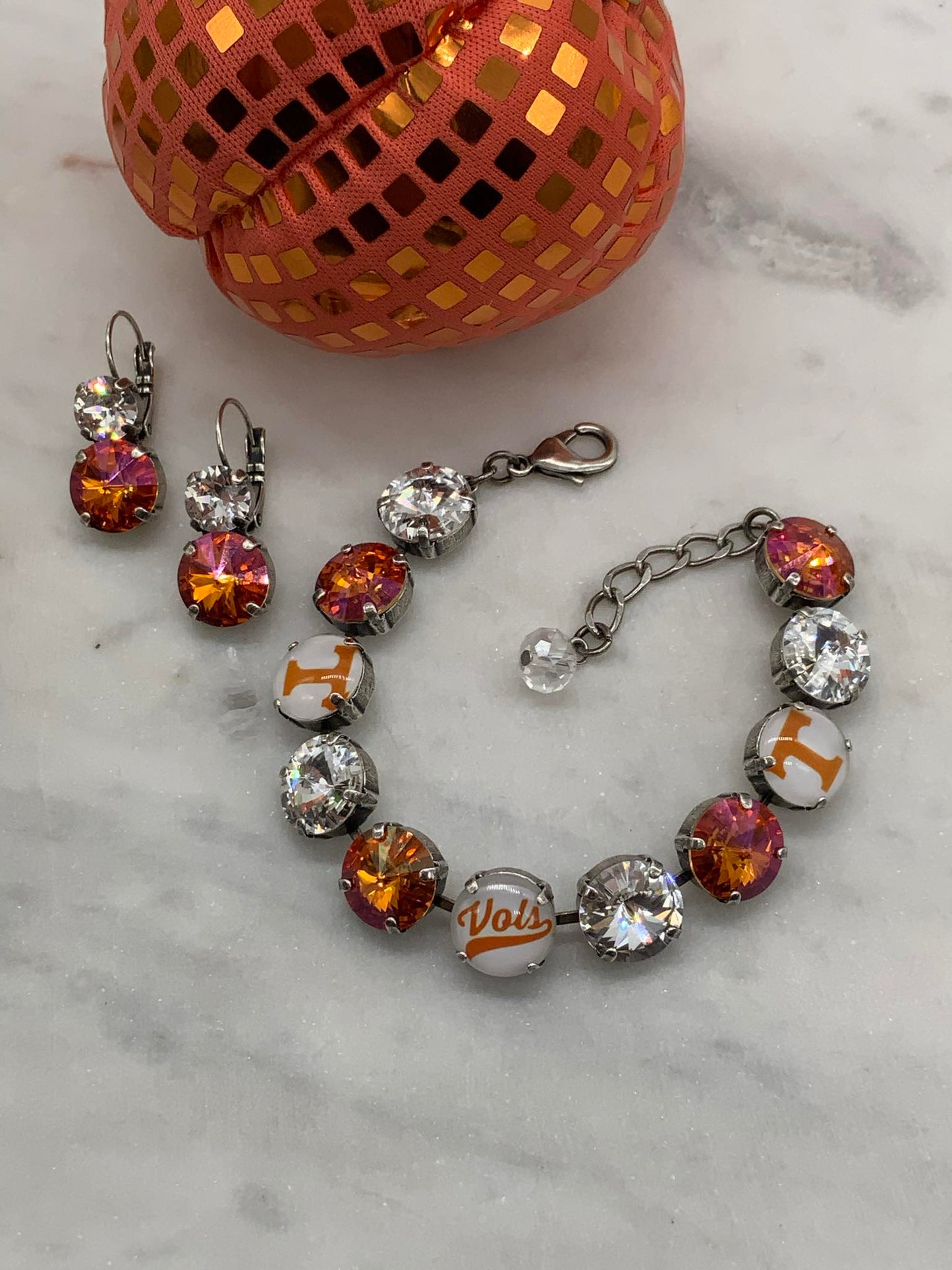 Double Dangle Earrings 8mm and 12mm with Orange and Clear Crystals