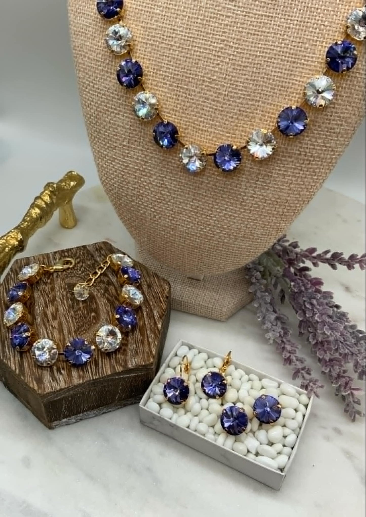 12mm Purple /Crystal Full Necklace and Matching Bracelet / Earrings