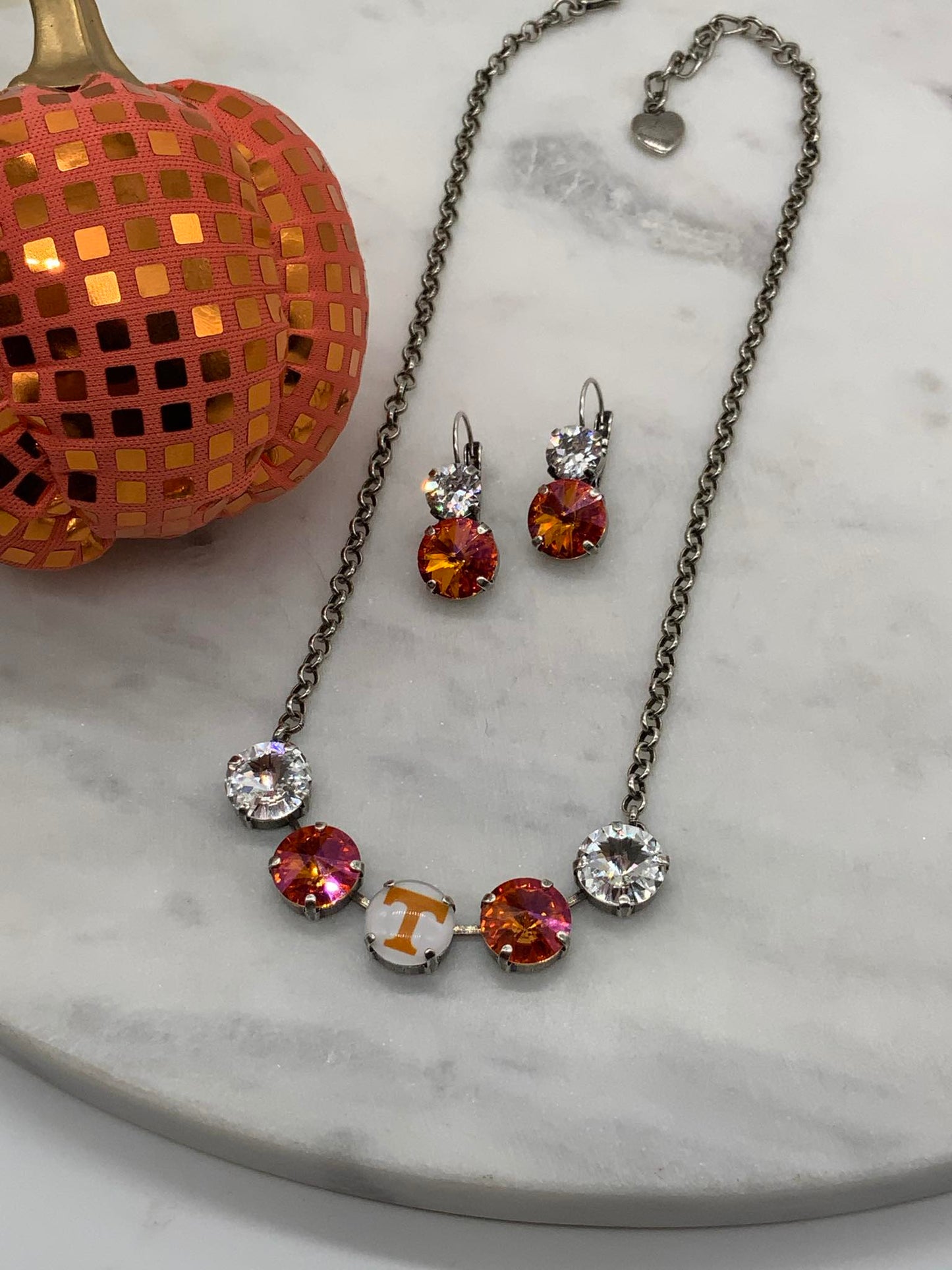 Double Dangle Earrings 8mm and 12mm with Orange and Clear Crystals