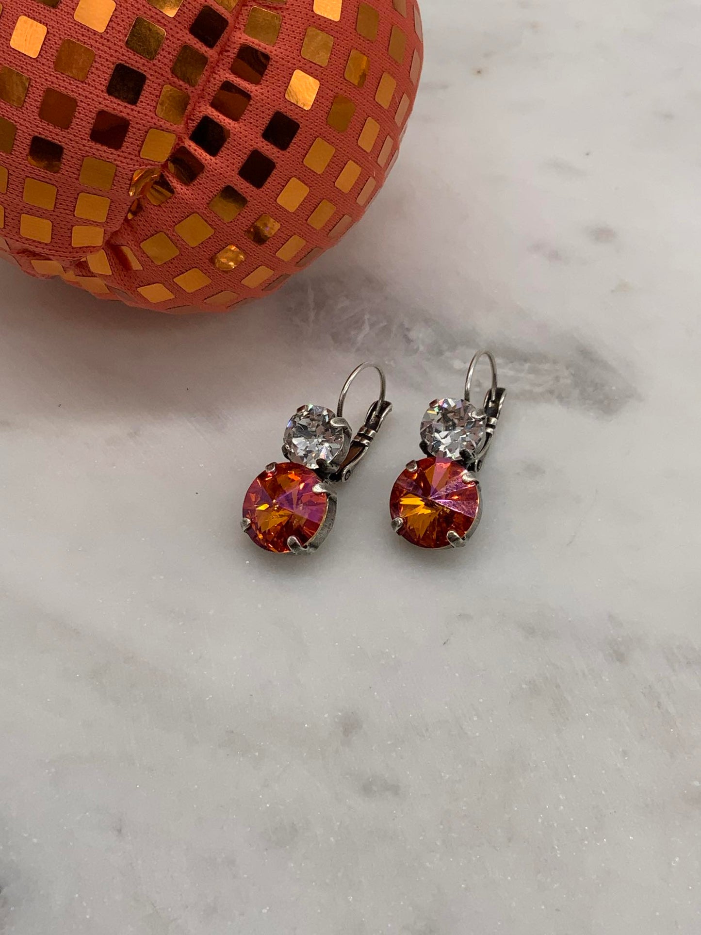 Double Dangle Earrings 8mm and 12mm with Orange and Clear Crystals