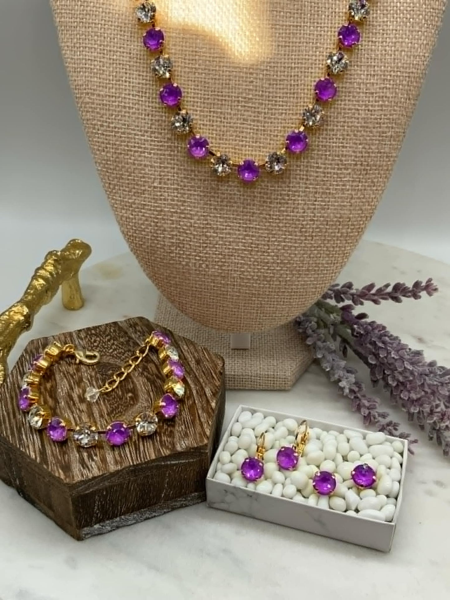 8mm Purple/Crystal Full Necklace and Matching Bracelet and Earrings