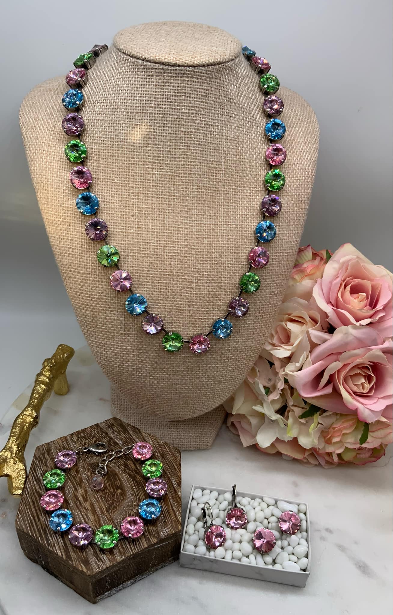 12mm Multicolor Full Necklace and Matching Bracelet / Earrings