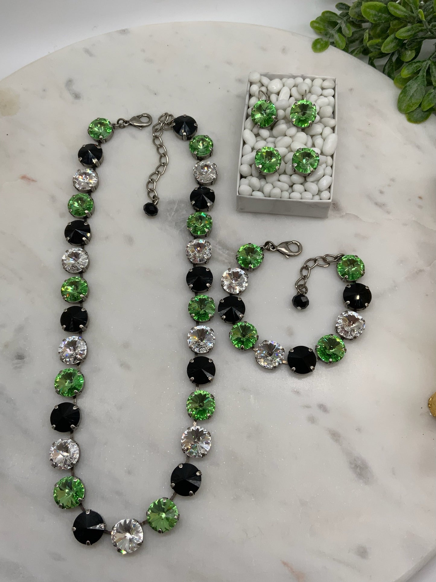 12mm Green, Black, and Crystal Full Necklace and Matching pieces