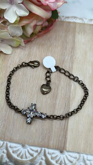 Cross bracelet with center 8mm crystal set in antique brass