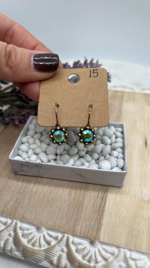 Antique Brass Earrings with metal ball design - Blue/Green crystal