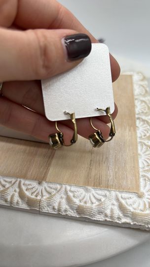 8mm dangle earrings- Antique Brass - White Opal