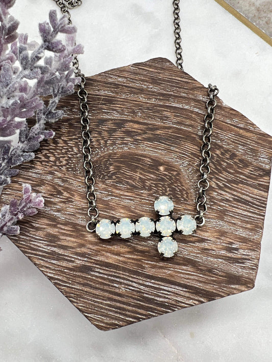 White Opal Crystal Side Cross Necklace