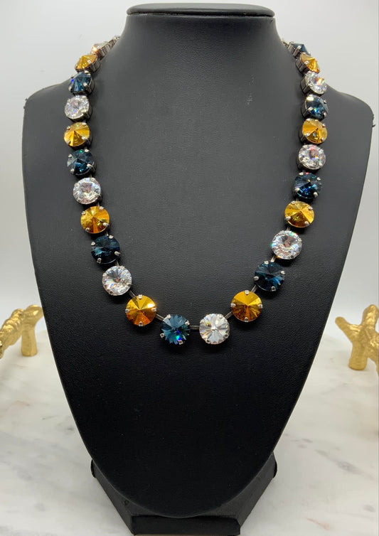 12mm Necklace with Montana Blue, Metallic gold, and Crystal