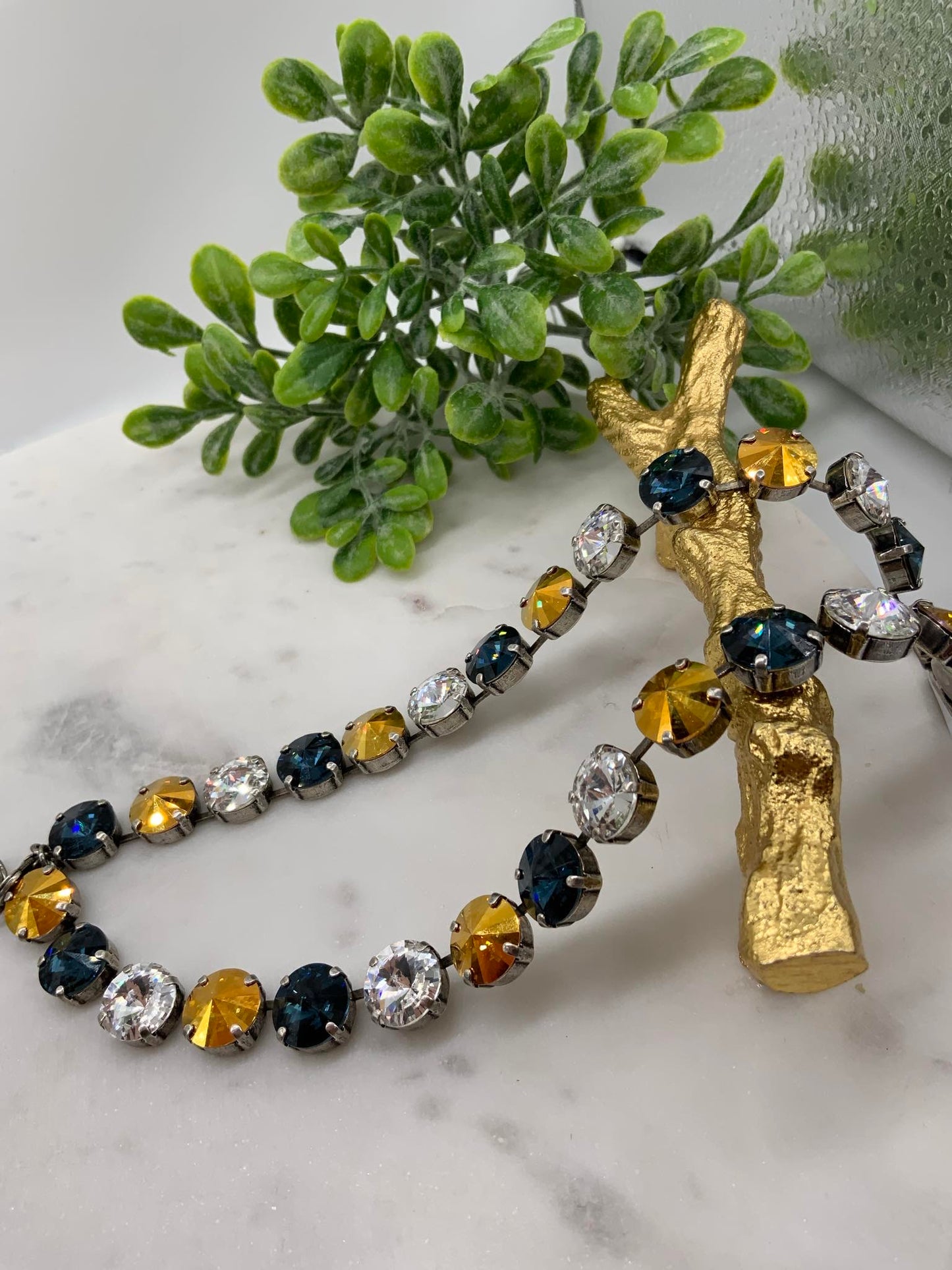 12mm Necklace with Montana Blue, Metallic gold, and Crystal