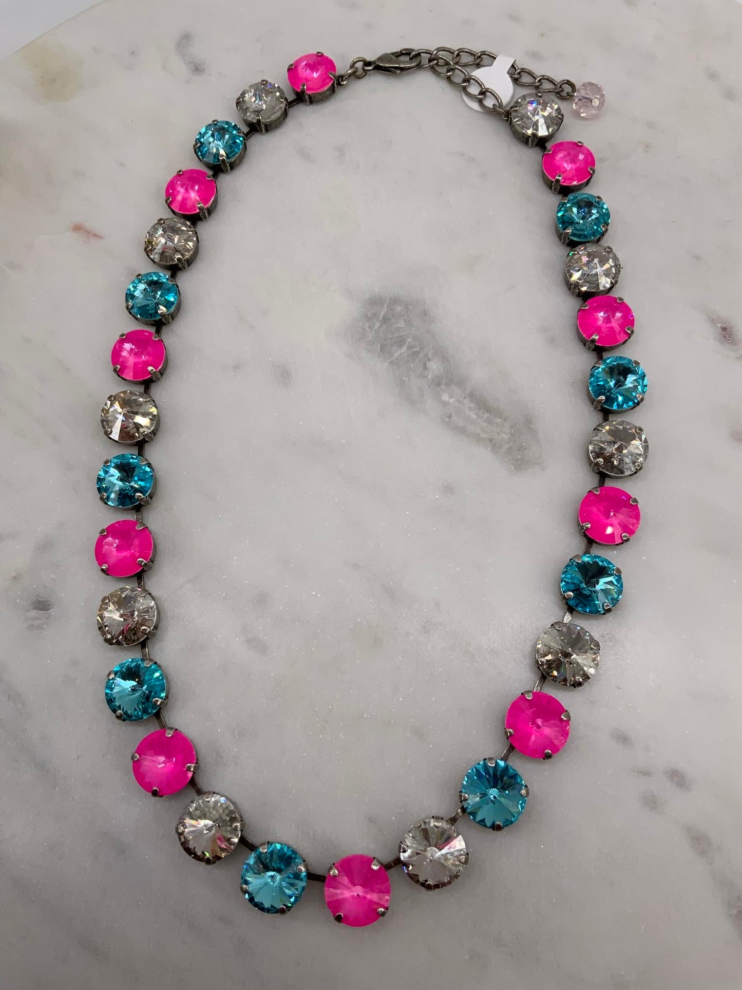 Hot pink, Turquoise, and Crystal 12mm Necklace