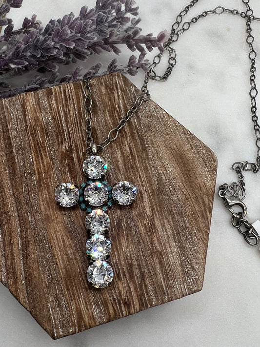 Long Crystal Cross with Turquoise Halo Necklace