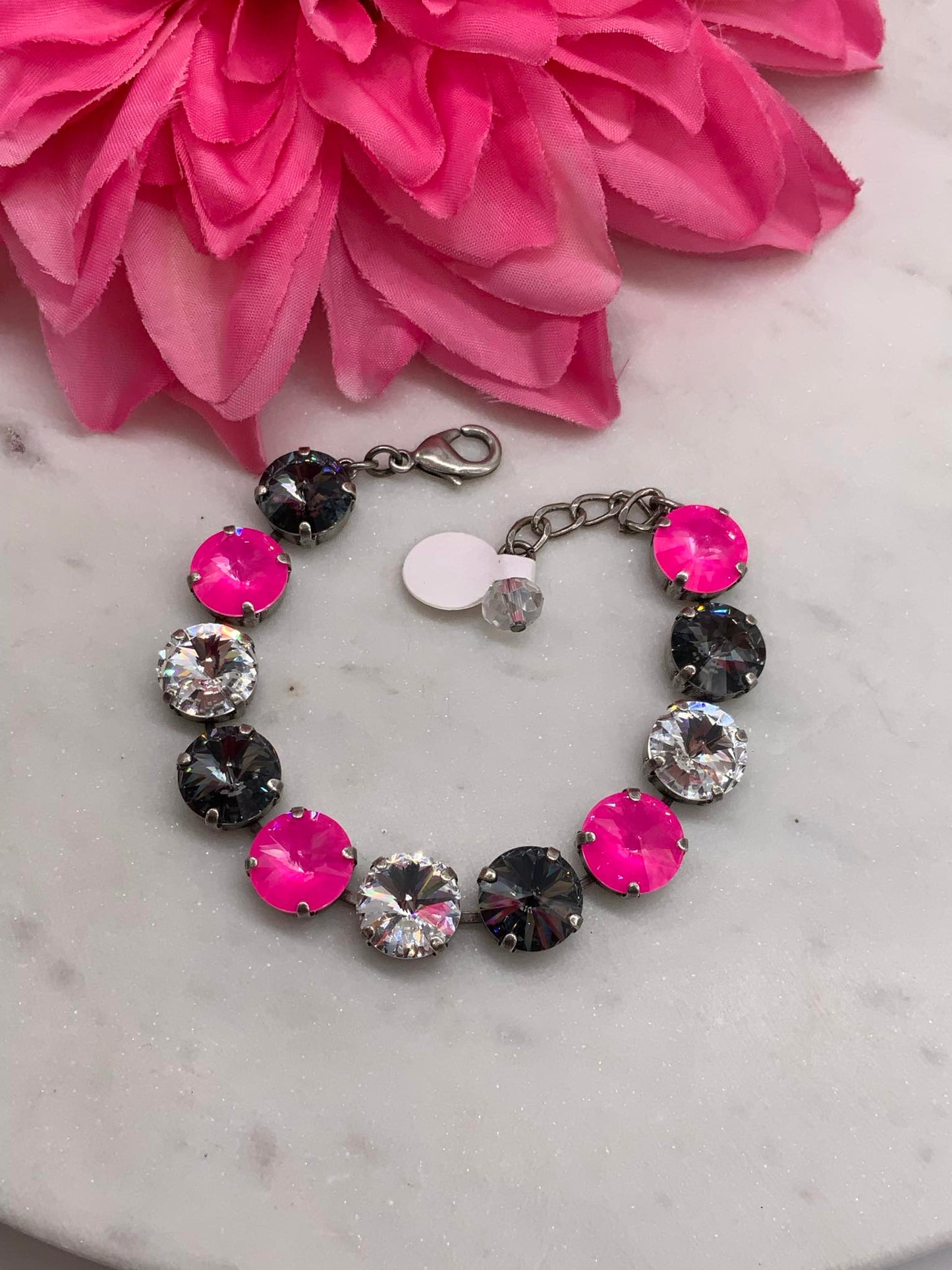 12mm Hot Pink, Black, and Crystal Bracelet and Matching Pieces