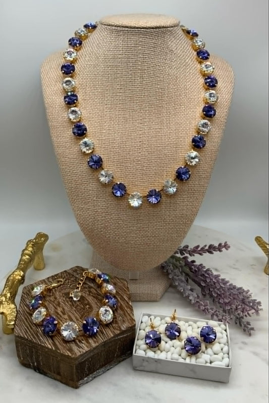 12mm Purple /Crystal Full Necklace and Matching Bracelet / Earrings