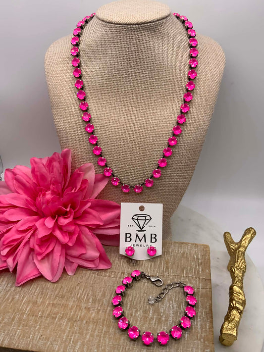 8mm Full Hot Pink Necklace and Matching Bracelet / Earrings