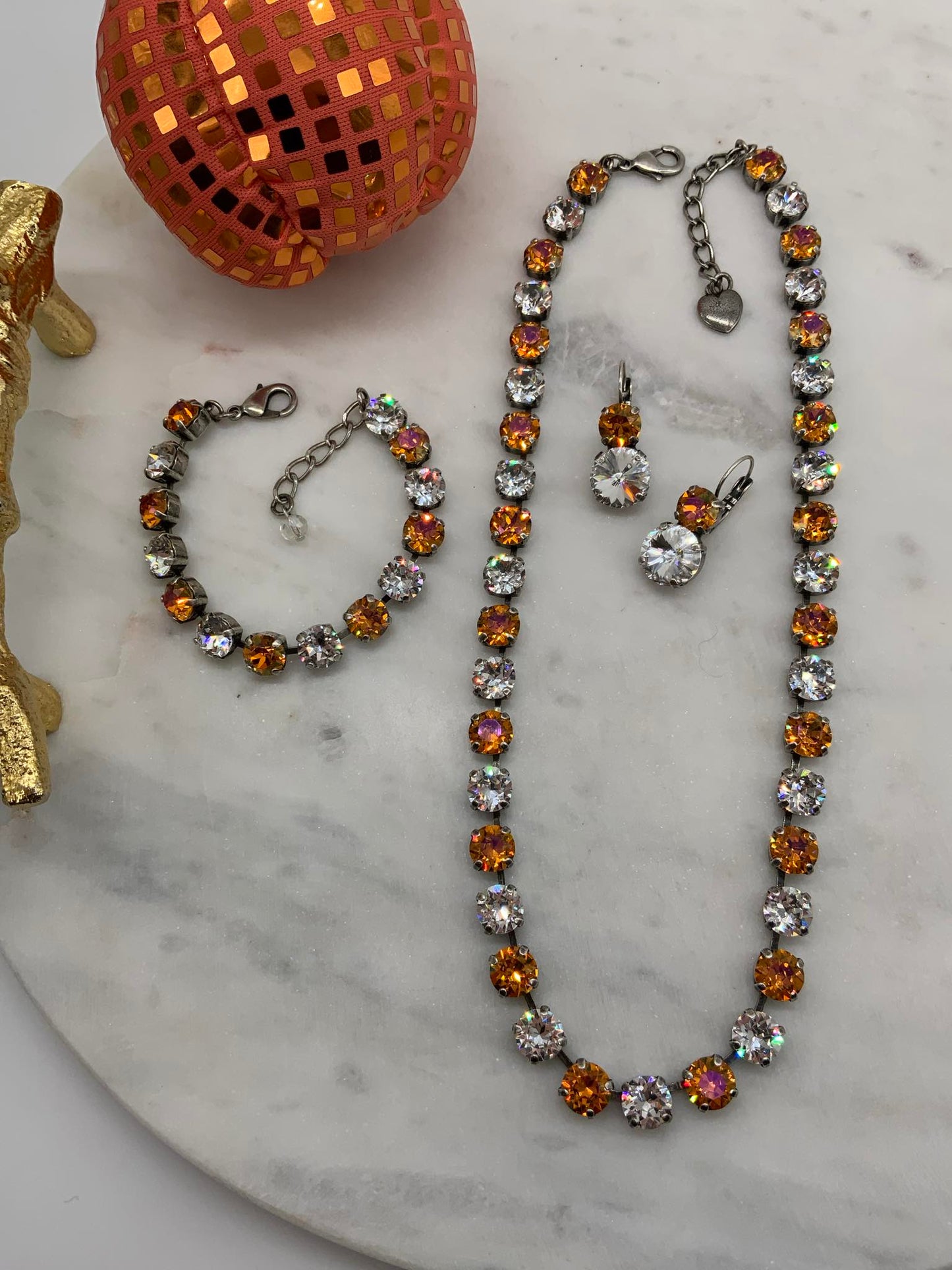 8mm Full Necklace with Orange and Clear Crystals