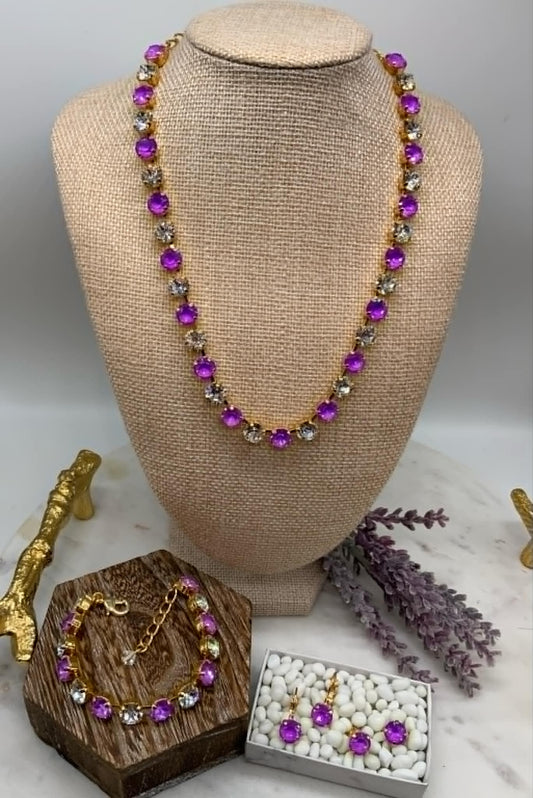 8mm Purple/Crystal  Full  Necklace and Matching Bracelet and Earrings