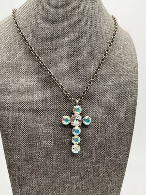 Crystal AB Cross with 12mm Clear Crystal Necklace