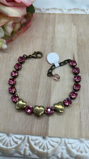 Antique Brass Metal Hearts Bracelet with 6mm Rose Crystals!
