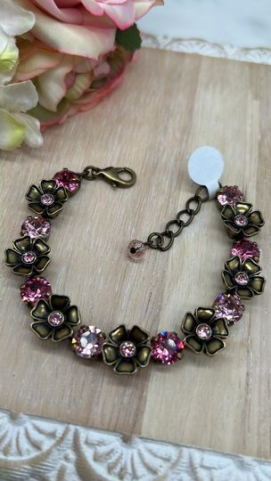 Antique Brass Flower Bracelet with Rose and Light Rose Crystals