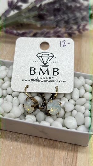8mm dangle earrings- Antique Brass - White Opal