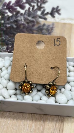 Antique Brass Earrings with metal ball design - Topaz crystal