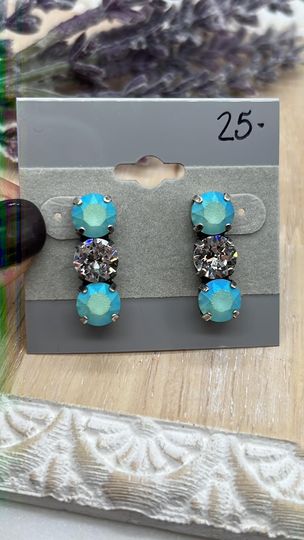 8mm Three Dangle Stud Earrings - Turquoise and Crystal